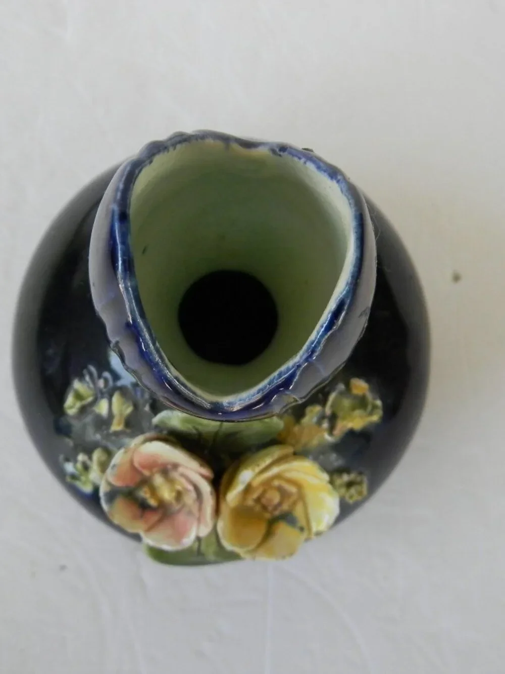 Vintage COBALT BLUE Barbotine Style Applied Rose 3D Floral Ceramic Vase 5.5